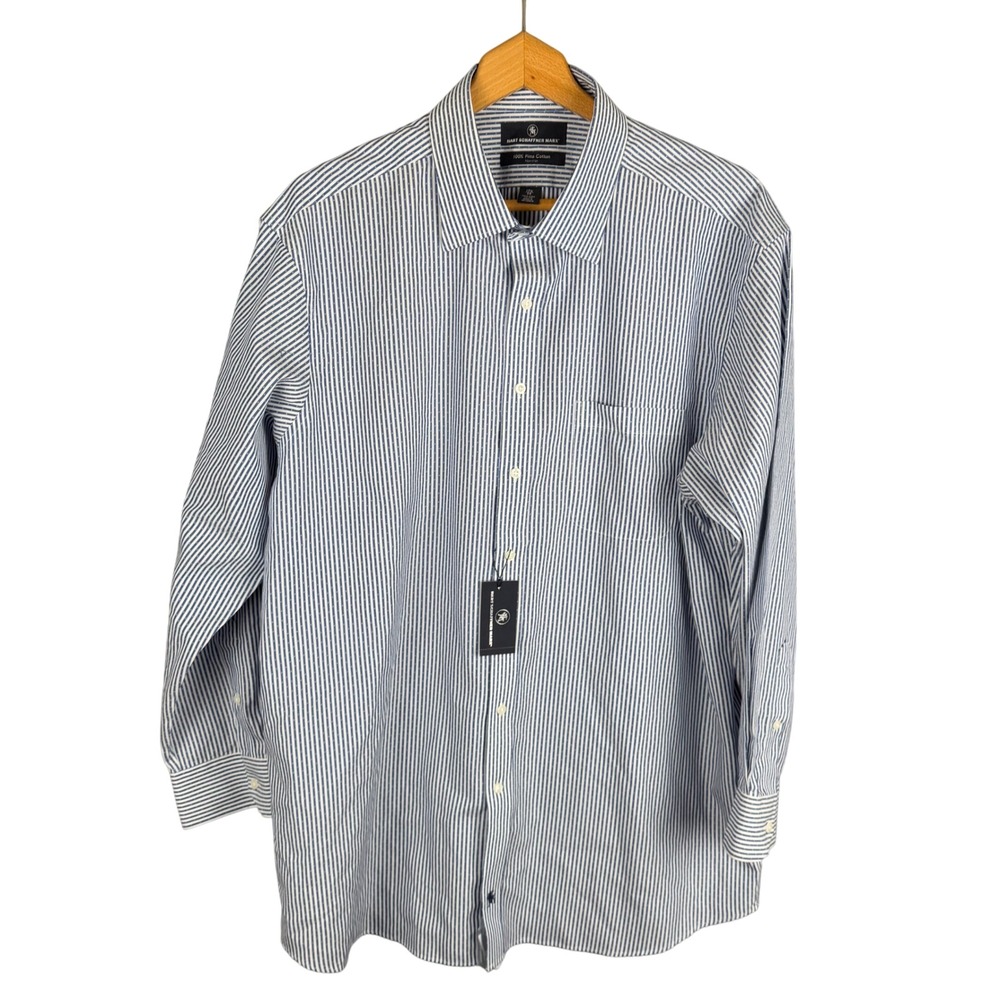 Hart Schaffner Marx Mens Navy White Striped Pima Cotton Dress Shirt 17.5 34